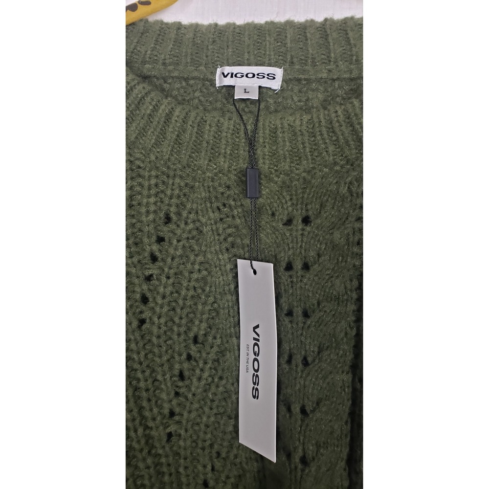Vigoss Olive Green Chunky Open Knit Sweater L Cozy‎ Warm Crop Ruffle Winter - Picture 3 of 8